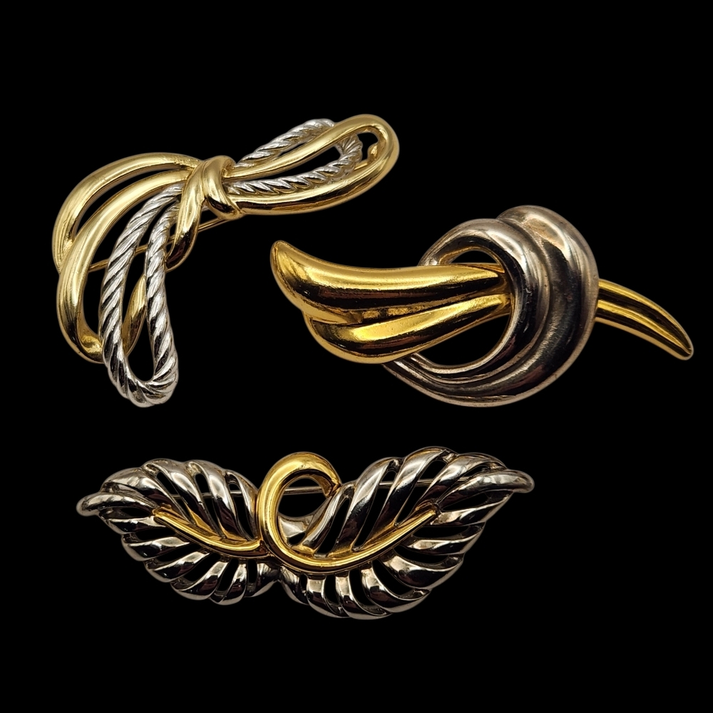Elegant Gold and Silver Abstract Leaf & Bow Brooch Bundle